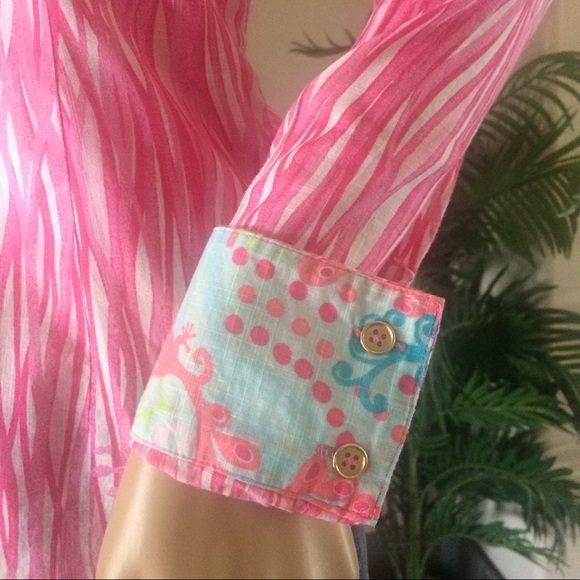 Lilly Pulitzer Blouse Top Womens 0 Pink Button Down Flip Cuff Colorful Preppy - Picture 5 of 9
